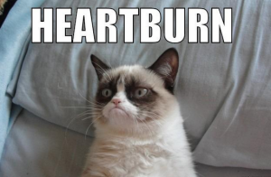 frowning cat meme, text reading "Heartburn"