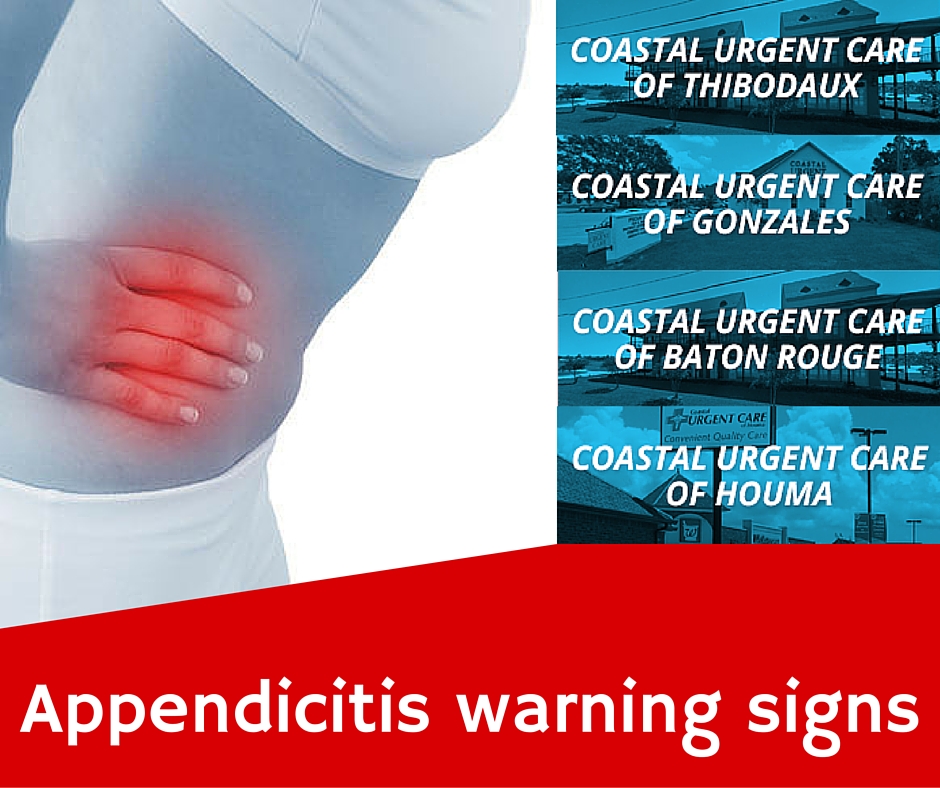 woman holding sides in pain, text reading "Appendicitis warning signs"