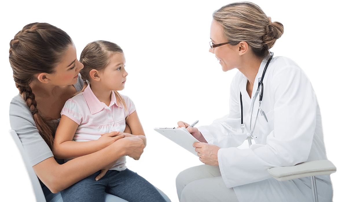 doctor speaking with mother and daughter